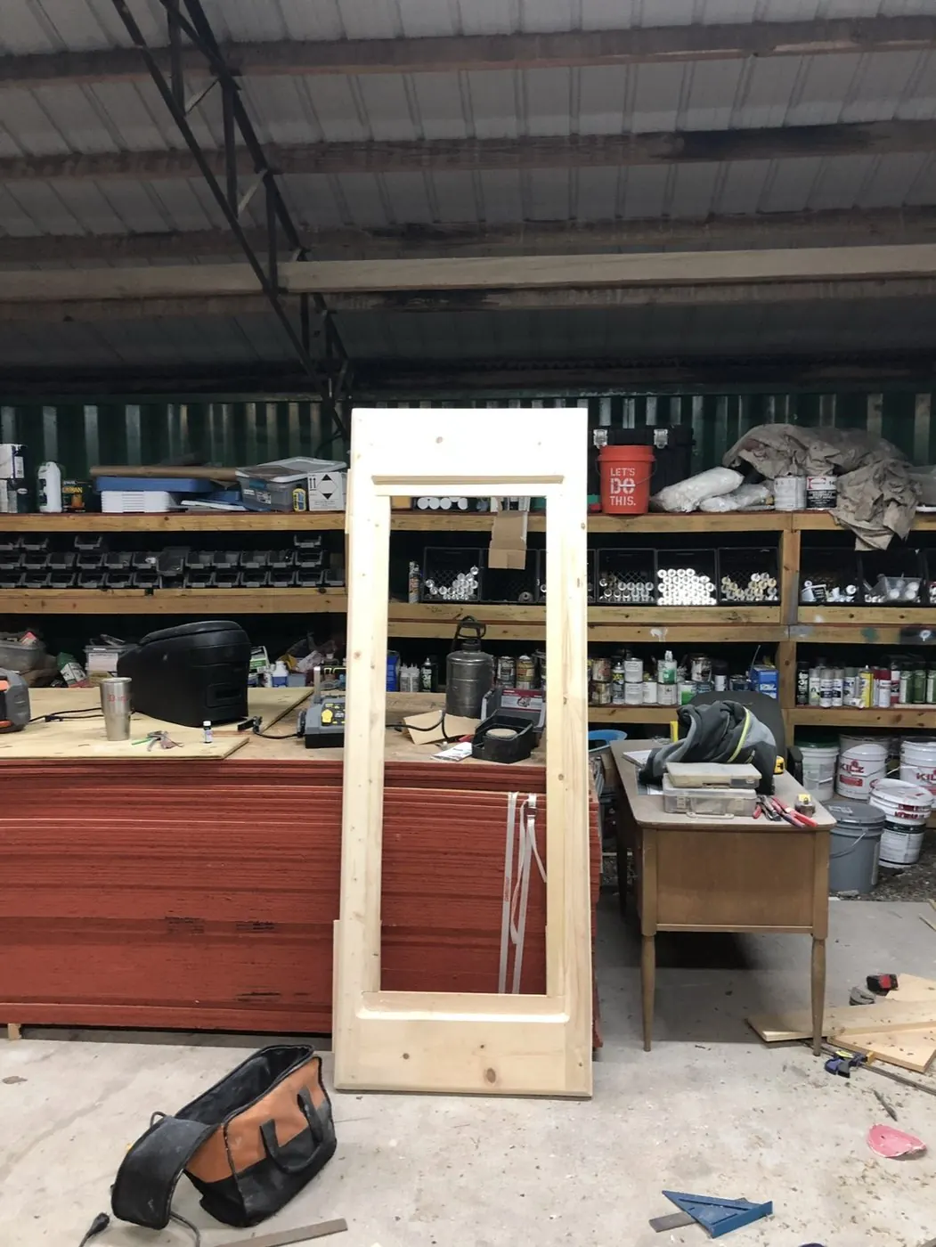 New pine barn door frame standing in the shop