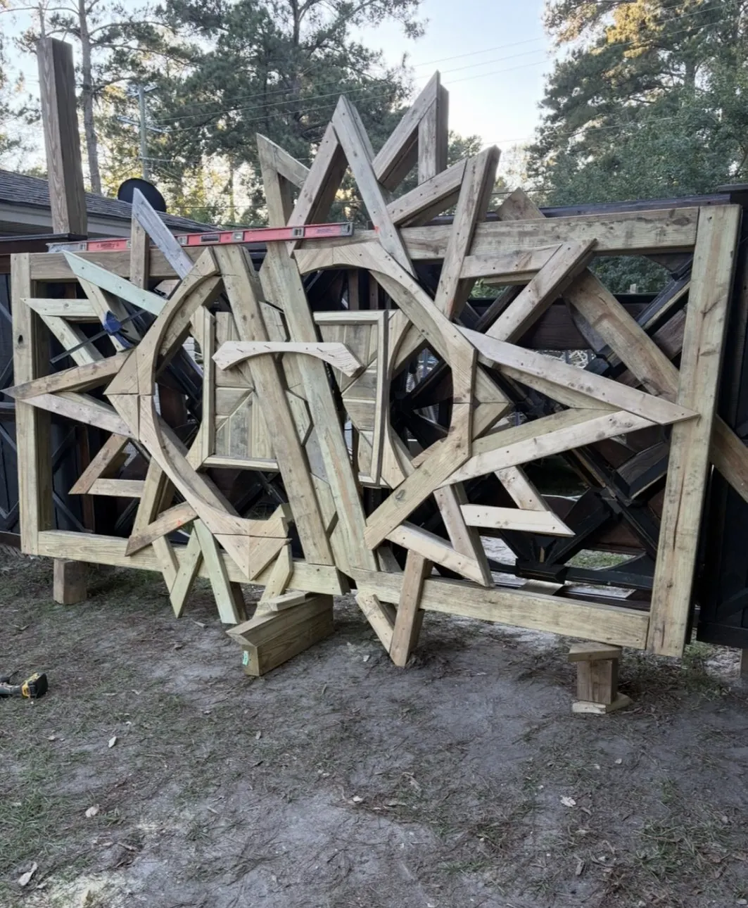 Layered wooden starburst panel before finishing