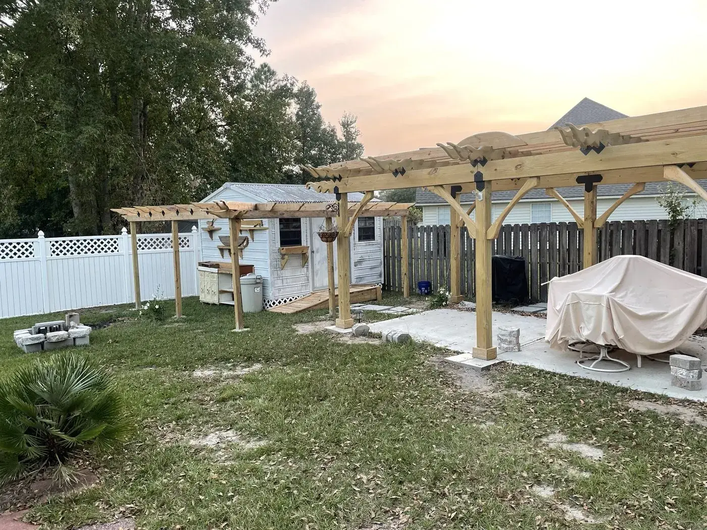 Completed double pergola at dusk, running from the patio across to the shed